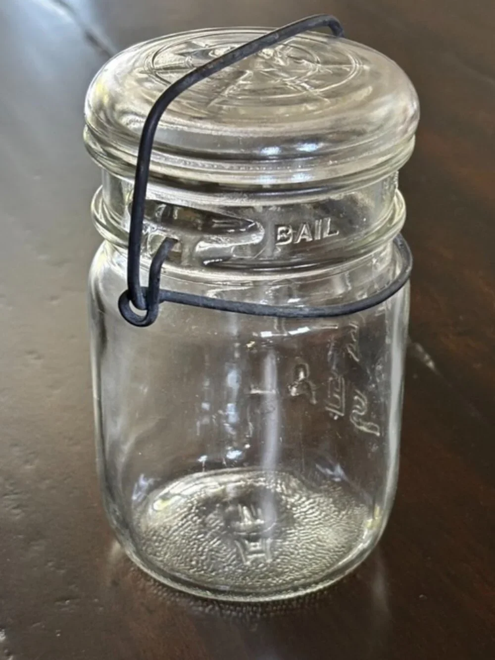 Hazel-Atlas “Atlas E-Z Seal” clear glass canning jar, likely 1930s–1940s.
